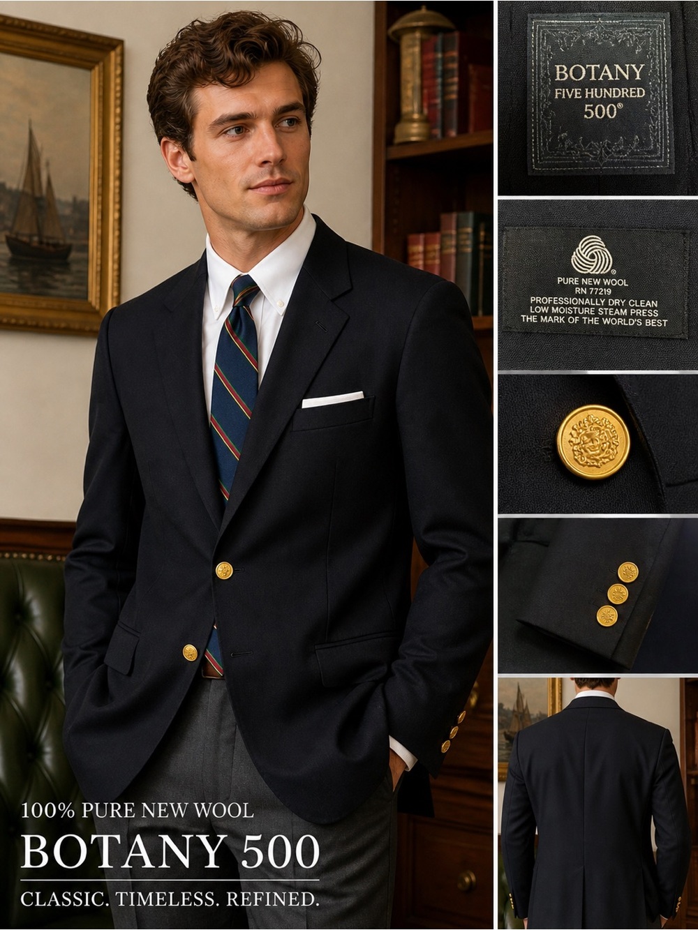 Botany 500 Men’s Black Wool Blazer Gold Button Sport Coat Classic 2 Button